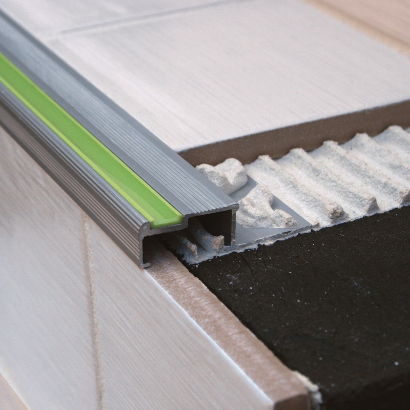 Aluminium Aluminator Tile In Stair Nosing ALM 2.6m Length (matte silver